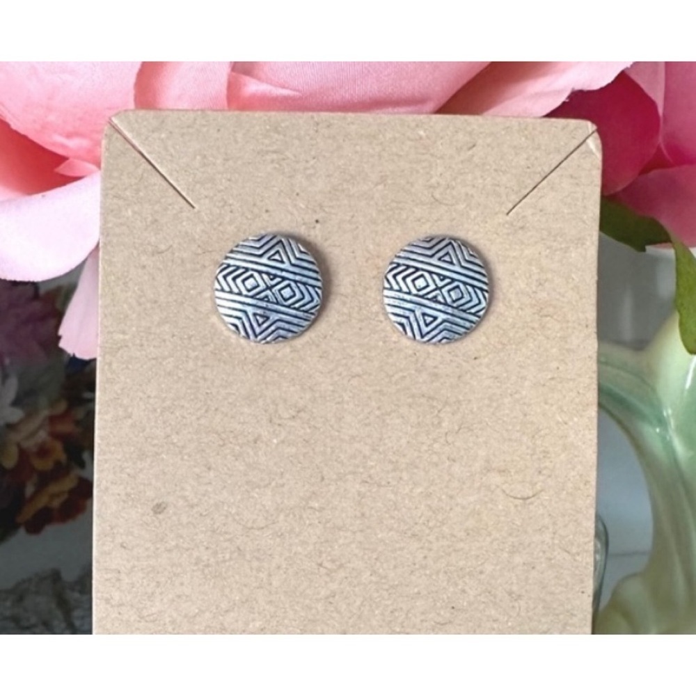 Silver round Aztec print stud earrings